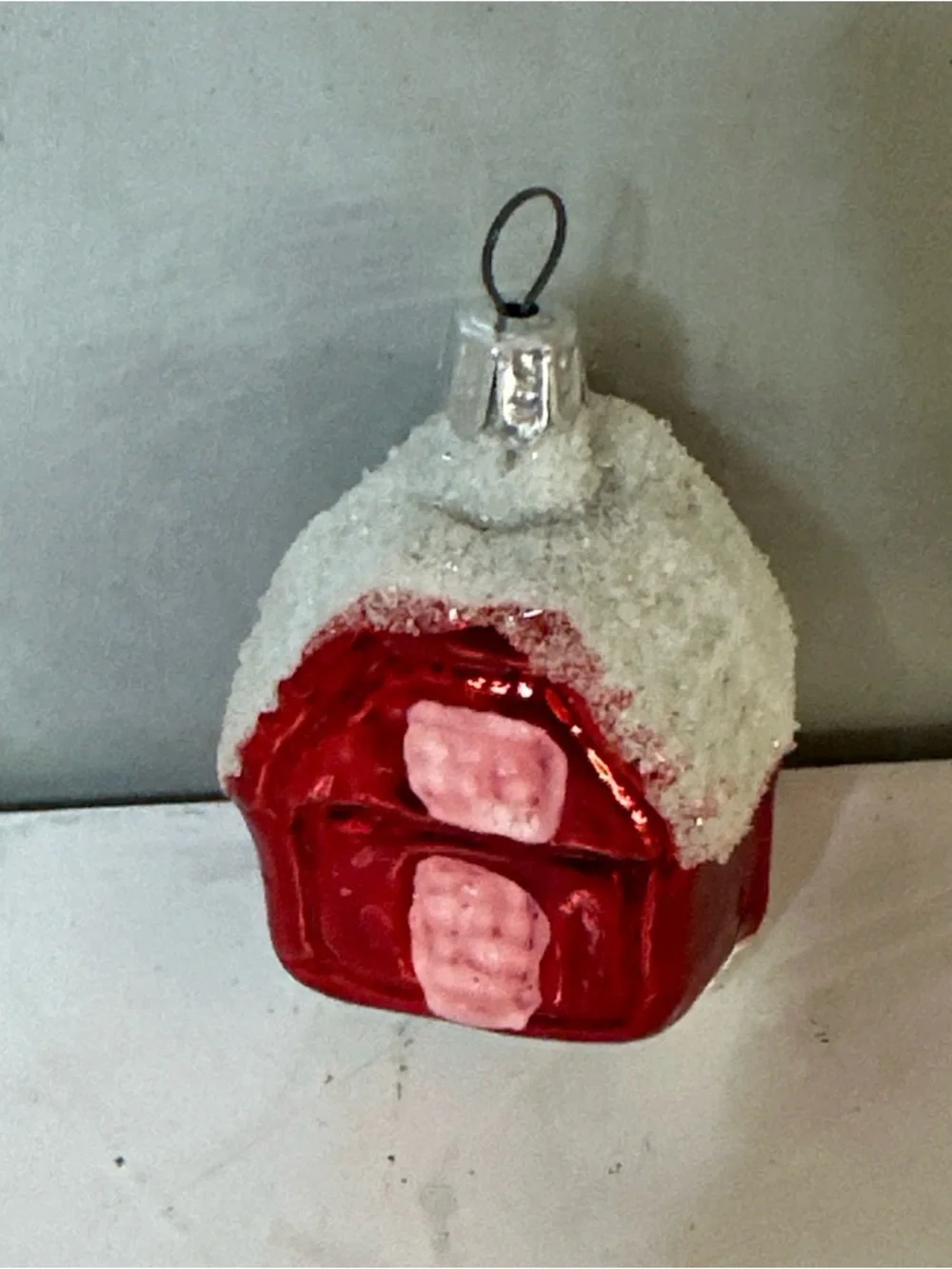 Vintage Blown Glass Christmas Tree Ornament Snow Covered Red House